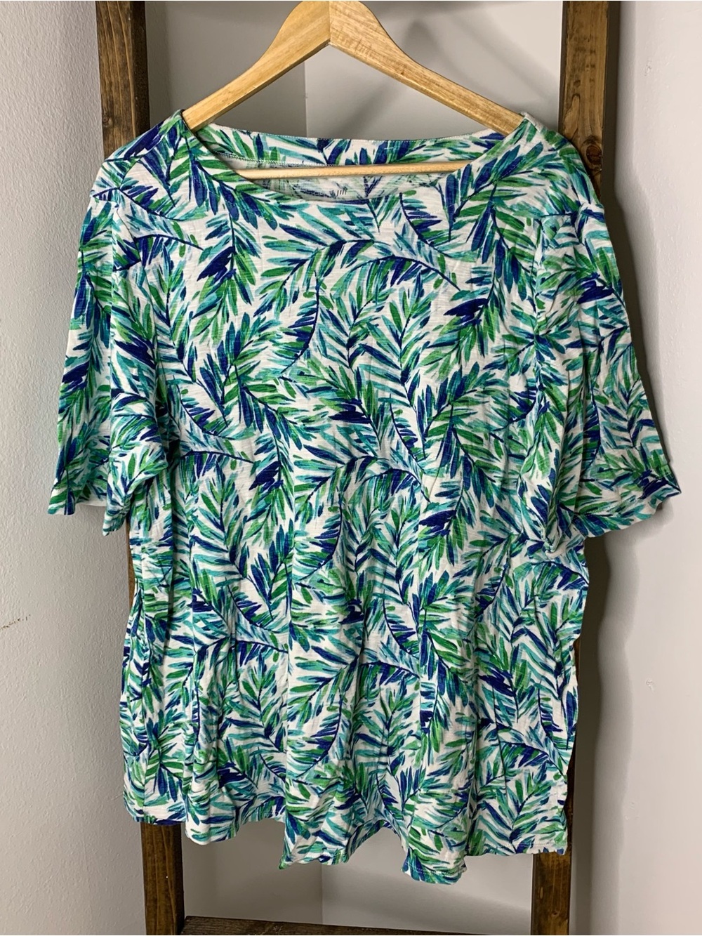 J. Jill Women’s Green & Blue Leaf Print Short Sleeve Top Size XL Tall